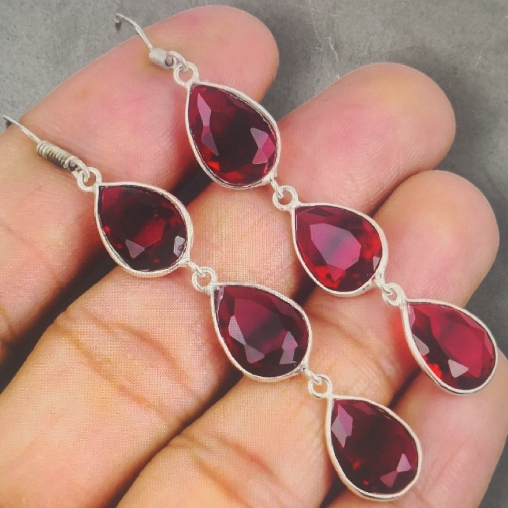Red and Silver Cascading Teardrop Earrings